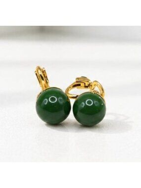 Vintage Gold-Tone Clip-On Earrings with Faceted Emerald Green Glass Beads Classi